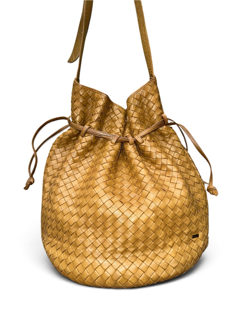 Vintage Bally International Woven Leather Drawstring Bucket Bag Lambskin Italy